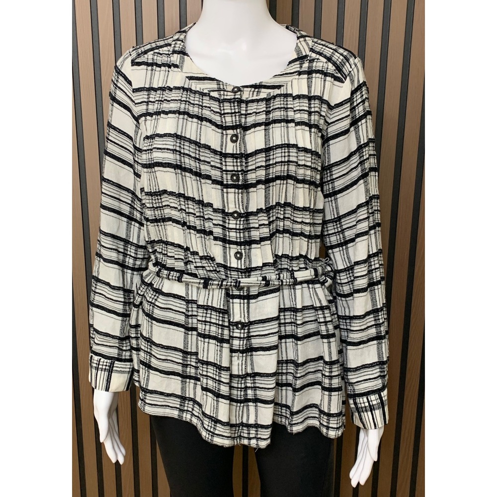 Anthropologie Black White Plaid Button Down Drawstring Waist Tunic Top Size 6P